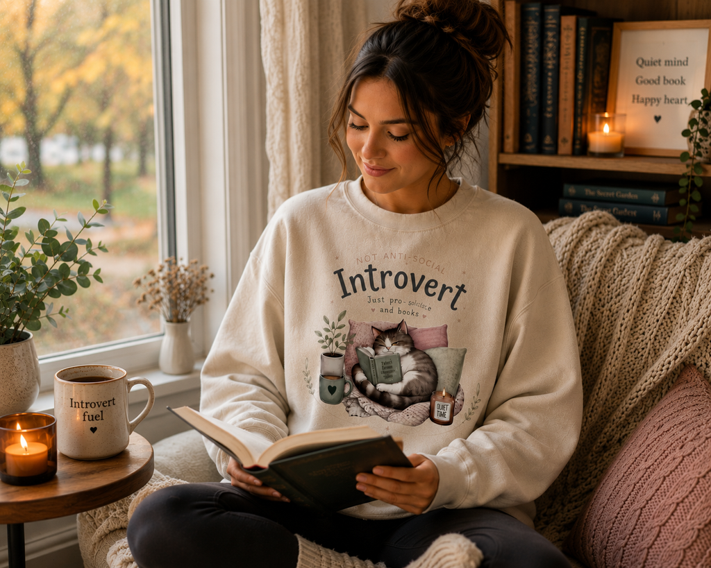 Introvert Sweatshirt, Cozy Cat Book Lover Crewneck, Cute Reader Gift for Introvert