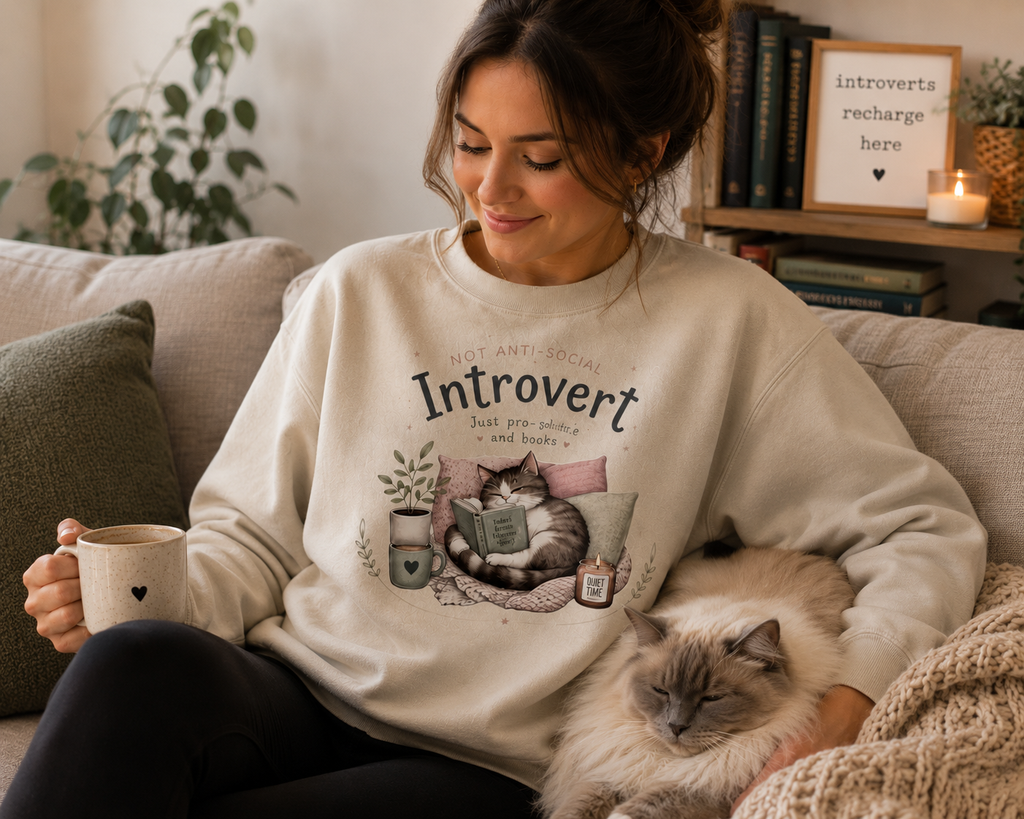 Introvert Sweatshirt, Cozy Cat Book Lover Crewneck, Cute Reader Gift for Introvert