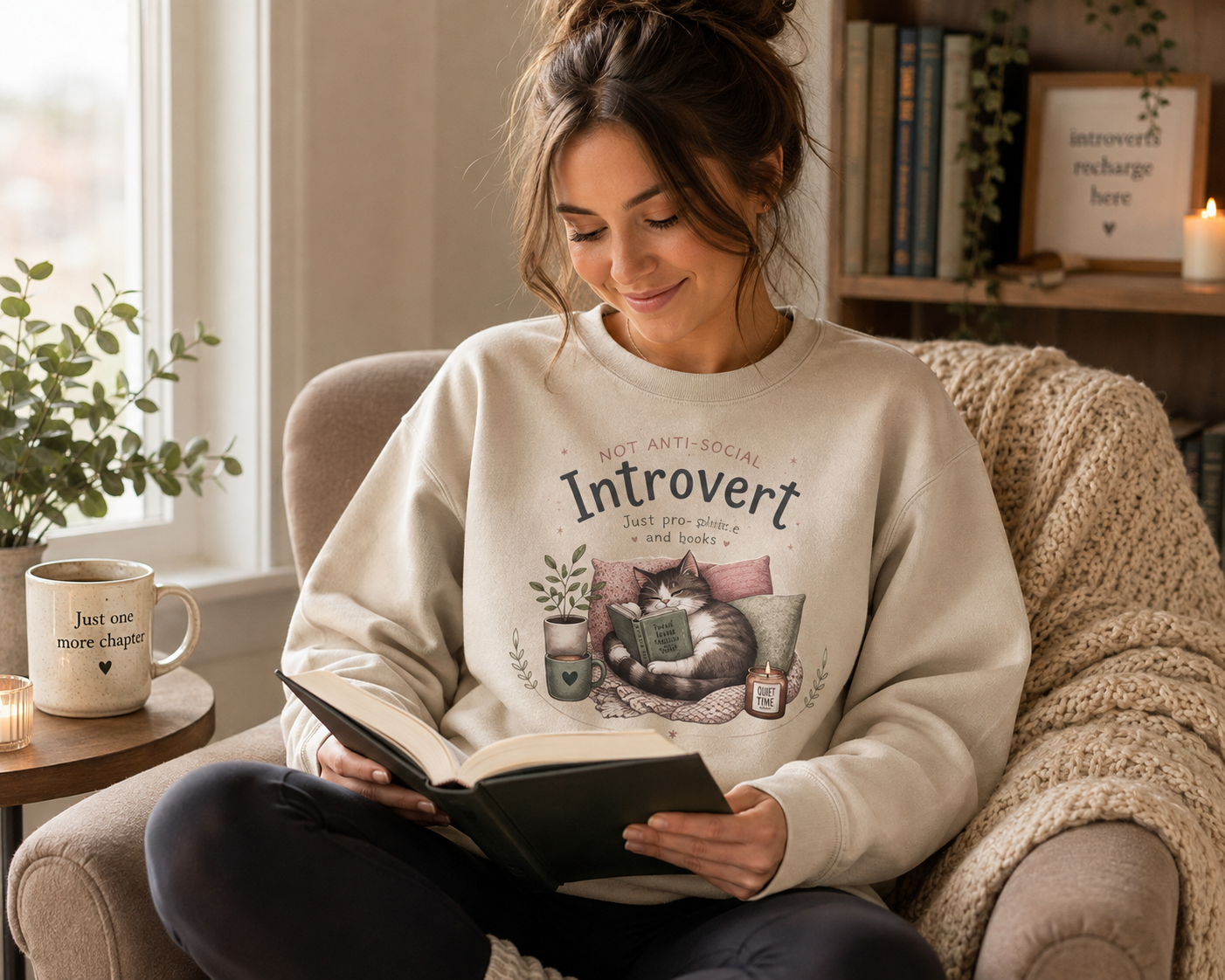 Introvert Sweatshirt, Cozy Cat Book Lover Crewneck, Cute Reader Gift for Introvert