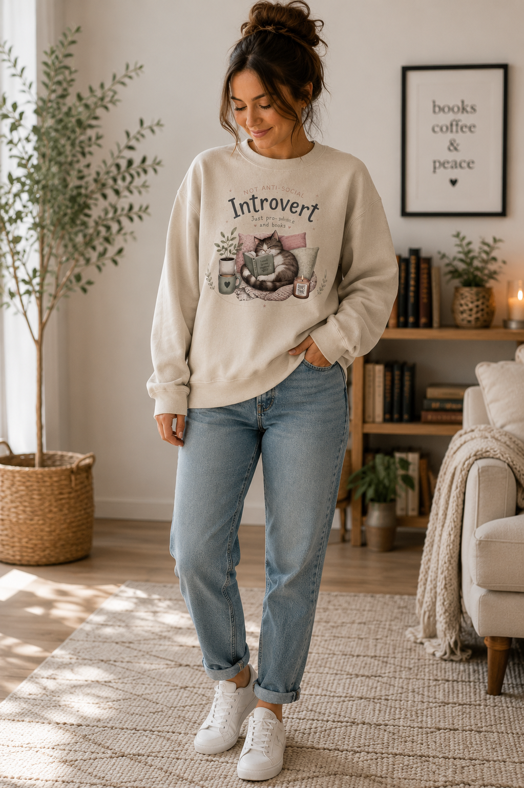 Introvert Sweatshirt, Cozy Cat Book Lover Crewneck, Cute Reader Gift for Introvert