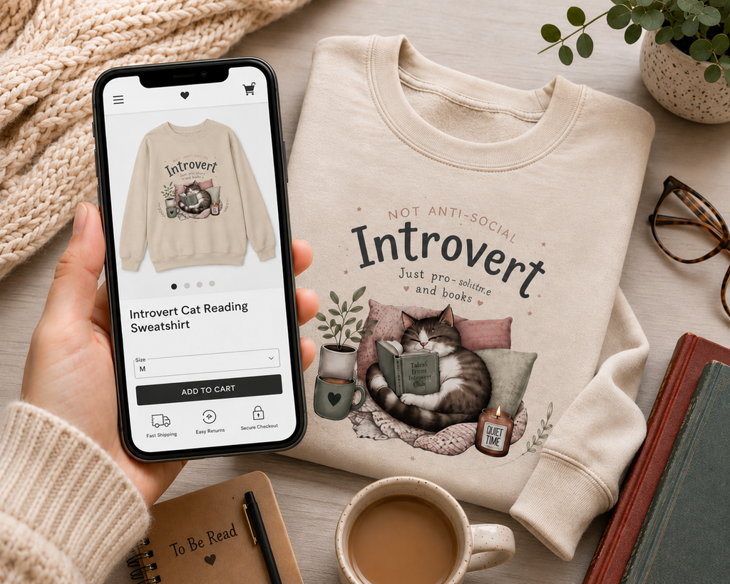 Introvert Sweatshirt, Cozy Cat Book Lover Crewneck, Cute Reader Gift for Introvert