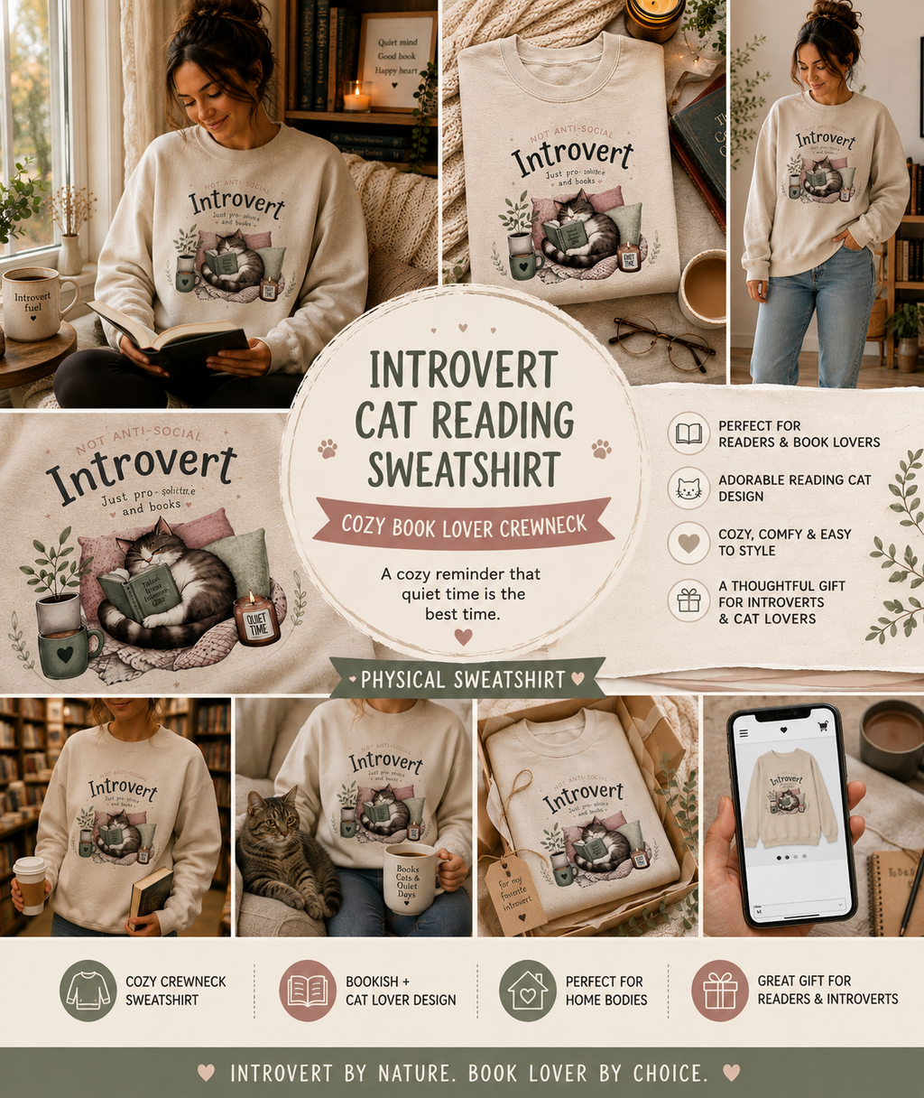 Introvert Sweatshirt, Cozy Cat Book Lover Crewneck, Cute Reader Gift for Introvert