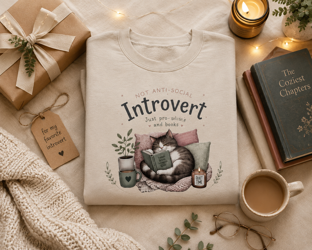 Introvert Sweatshirt, Cozy Cat Book Lover Crewneck, Cute Reader Gift for Introvert