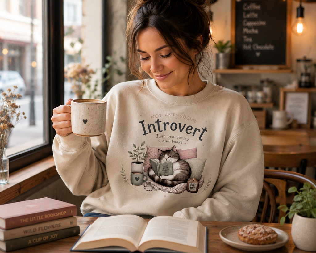 Introvert Sweatshirt, Cozy Cat Book Lover Crewneck, Cute Reader Gift for Introvert