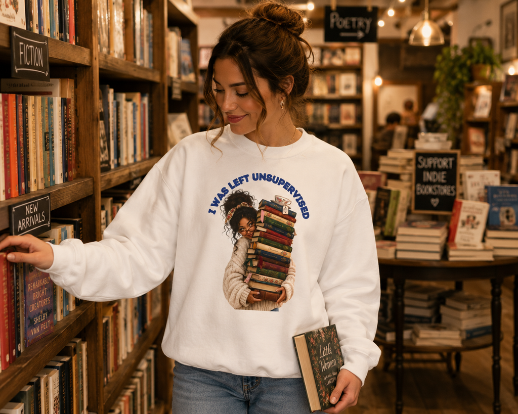 I Was Left Unsupervised Books Crewneck Sweatshirt | Reader Stack Graphic