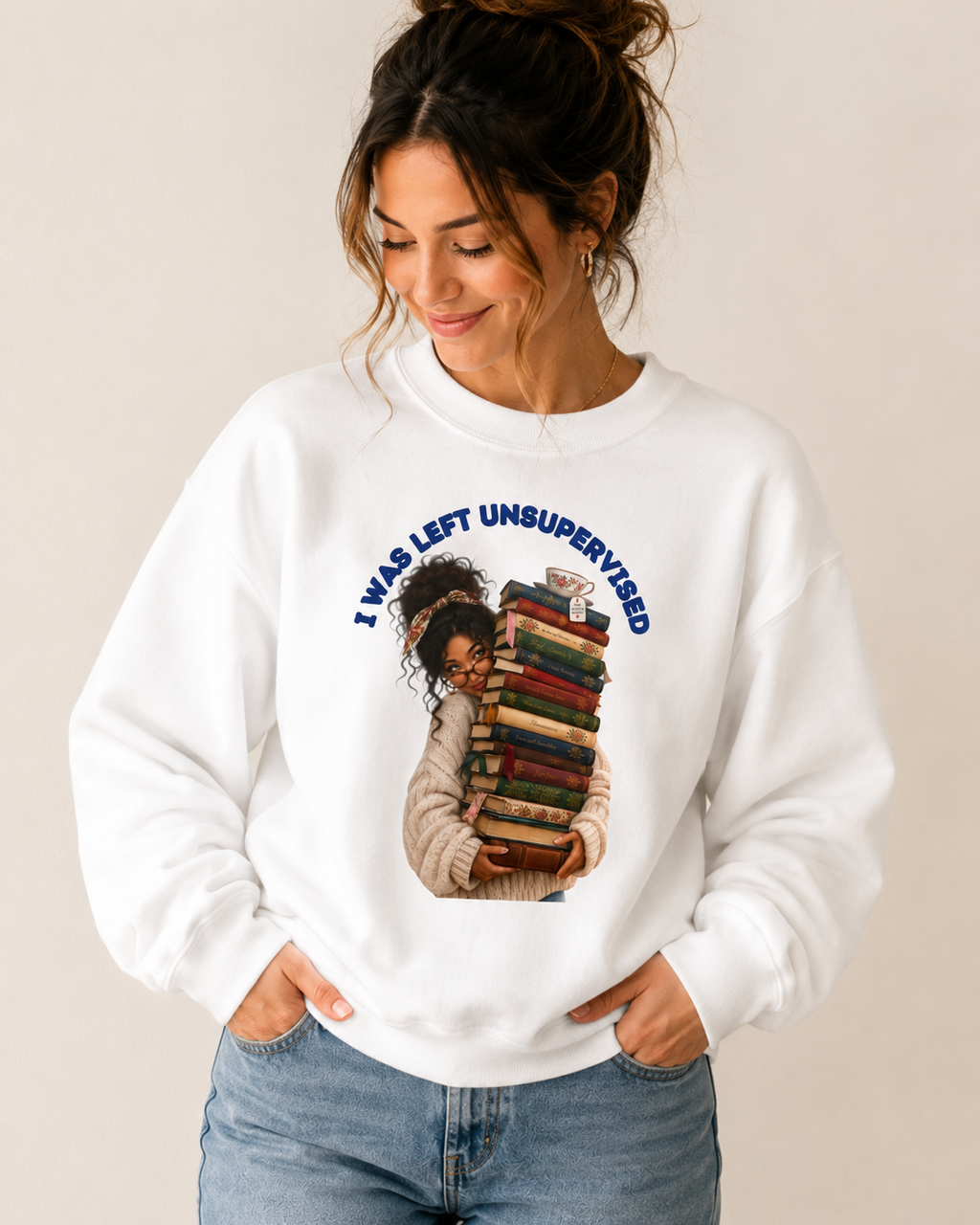 I Was Left Unsupervised Books Crewneck Sweatshirt | Reader Stack Graphic