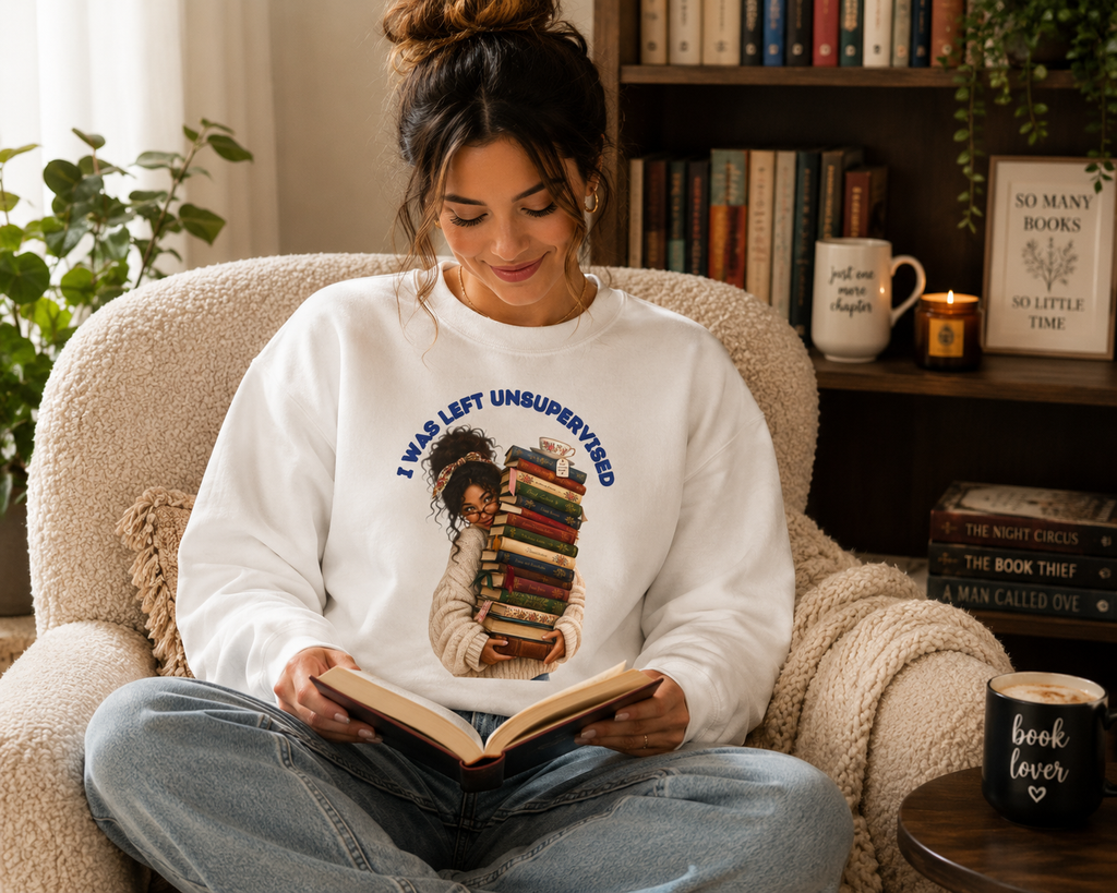I Was Left Unsupervised Books Crewneck Sweatshirt | Reader Stack Graphic