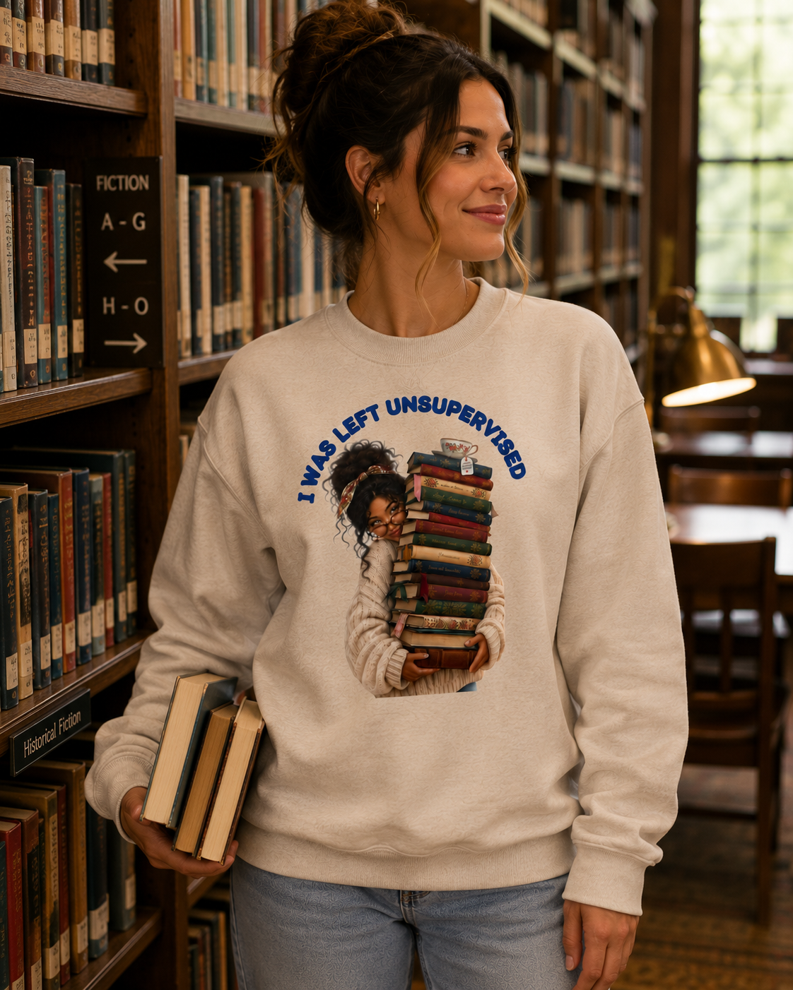 I Was Left Unsupervised Books Crewneck Sweatshirt | Reader Stack Graphic
