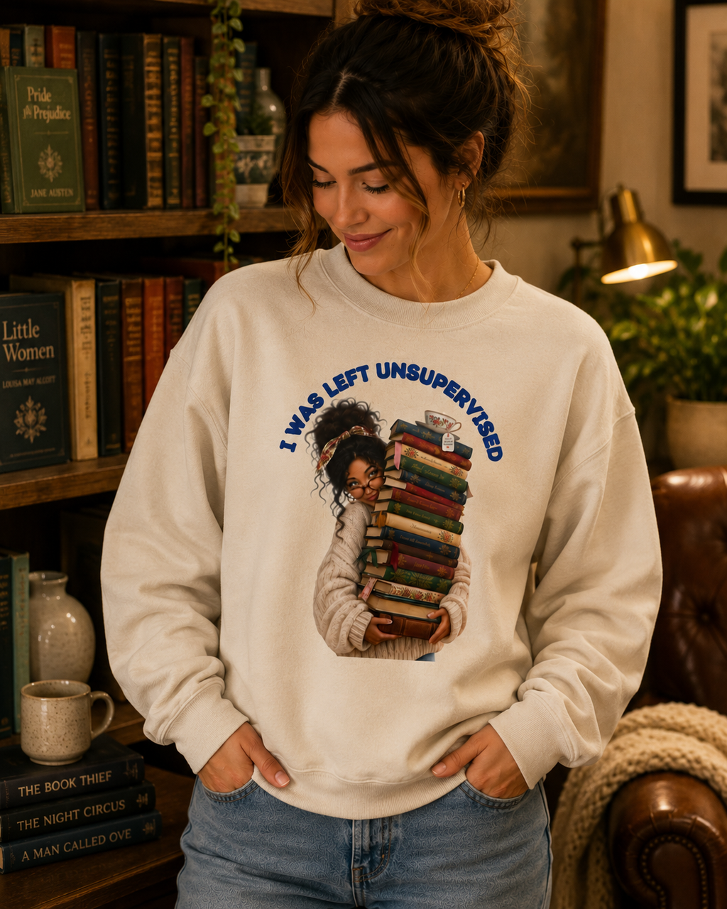 I Was Left Unsupervised Books Crewneck Sweatshirt | Reader Stack Graphic