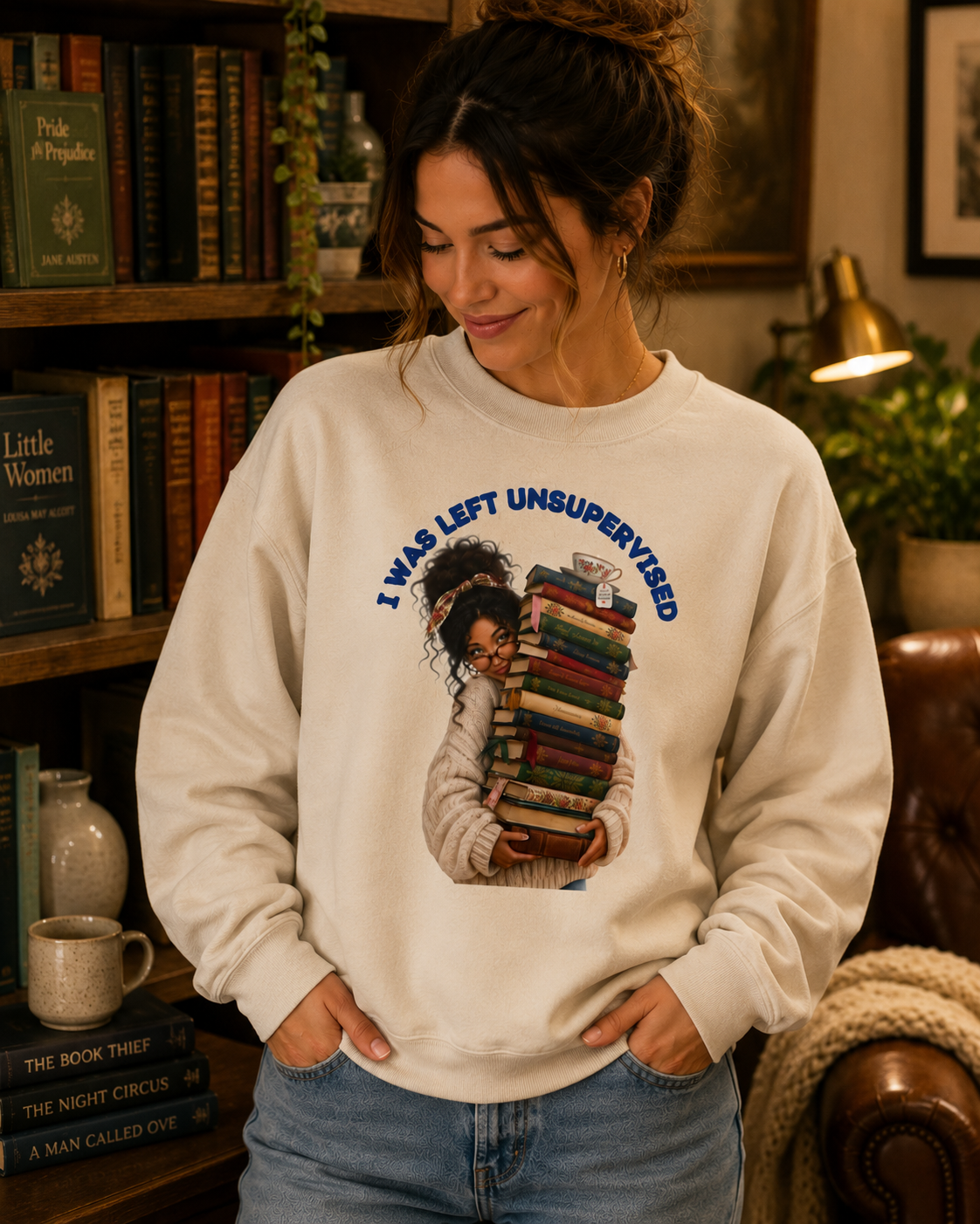 I Was Left Unsupervised Books Crewneck Sweatshirt | Reader Stack Graphic