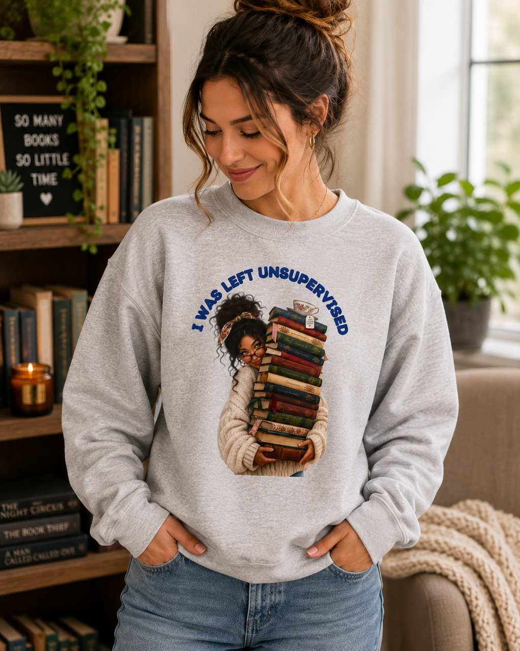 I Was Left Unsupervised Books Crewneck Sweatshirt | Reader Stack Graphic