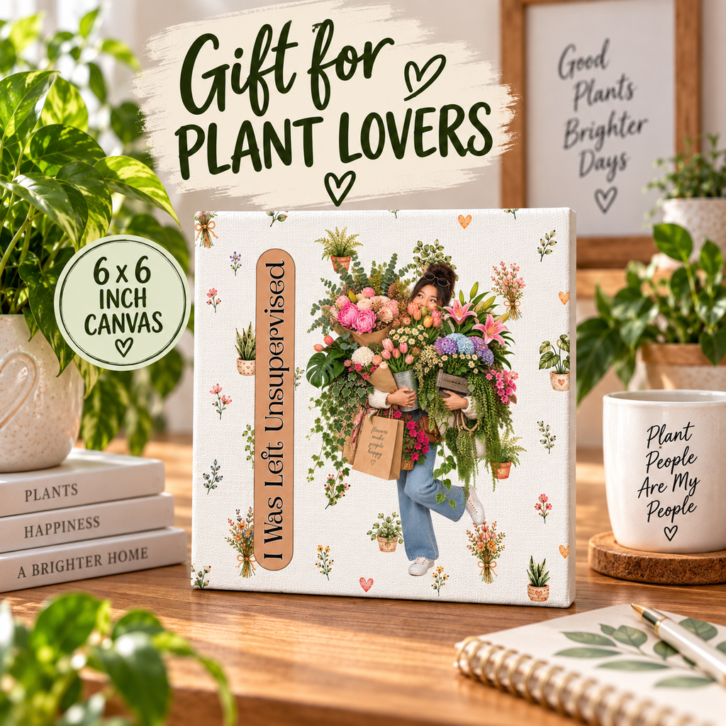 Funny Plant Lady Canvas, I Was Left Unsupervised Floral Wall Art, 6x6 Plant Lover Gift