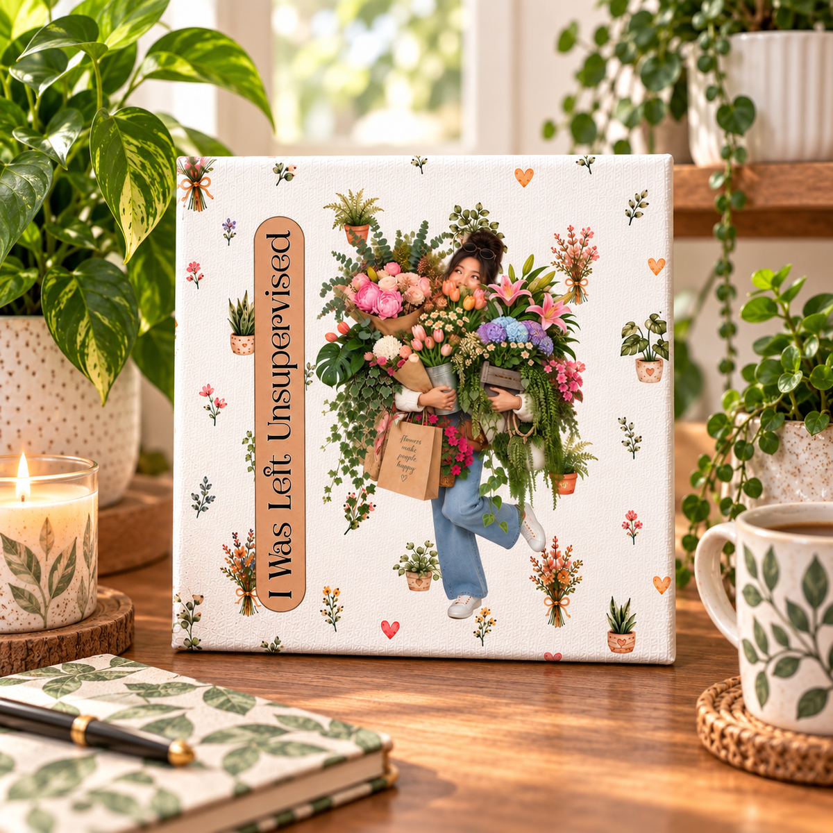 Funny Plant Lady Canvas, I Was Left Unsupervised Floral Wall Art, 6x6 Plant Lover Gift
