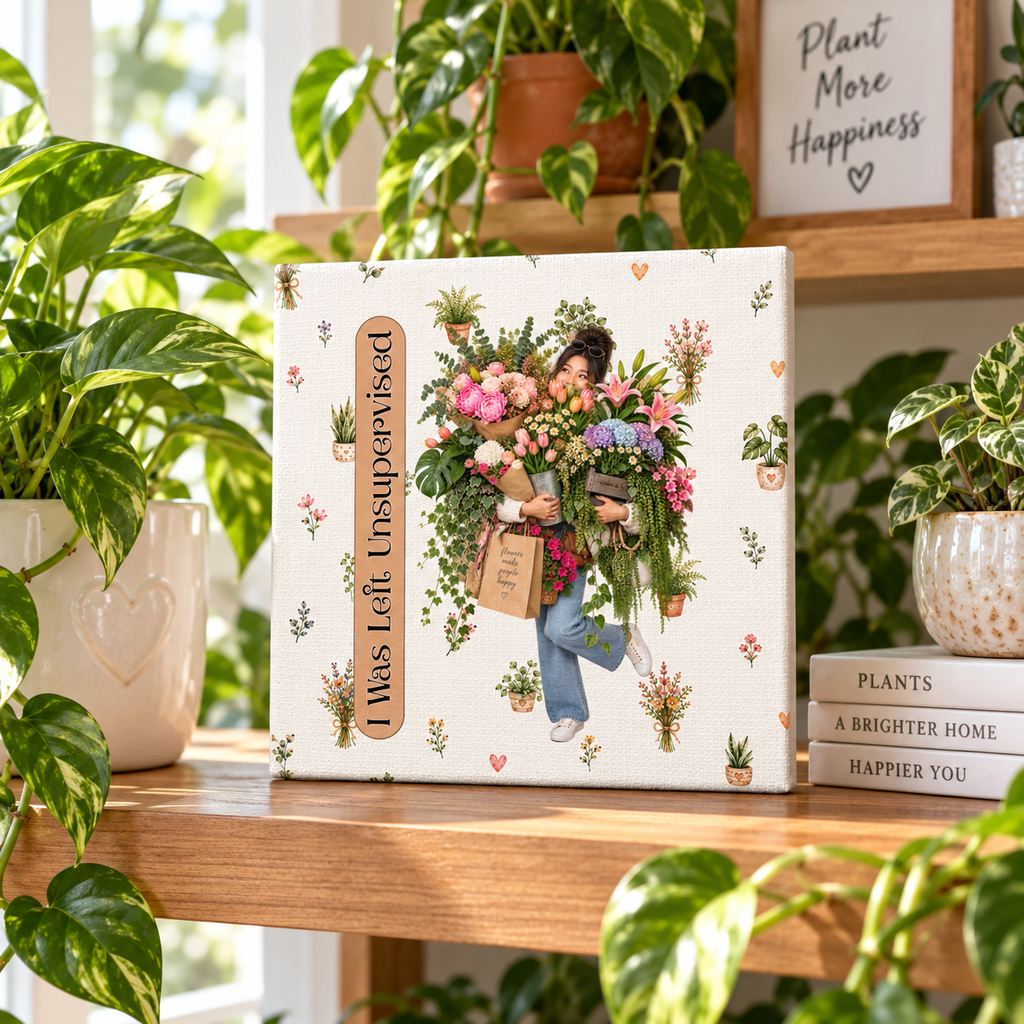 Funny Plant Lady Canvas, I Was Left Unsupervised Floral Wall Art, 6x6 Plant Lover Gift