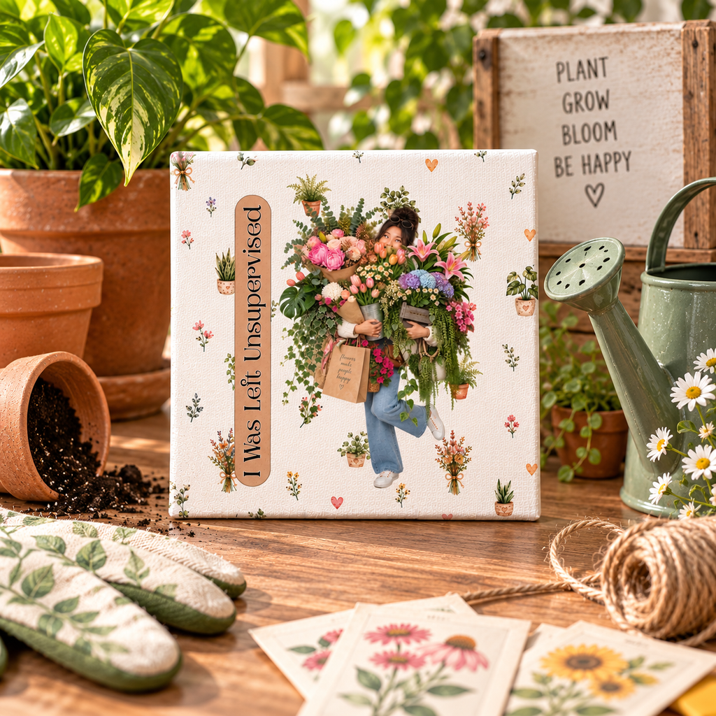 Funny Plant Lady Canvas, I Was Left Unsupervised Floral Wall Art, 6x6 Plant Lover Gift