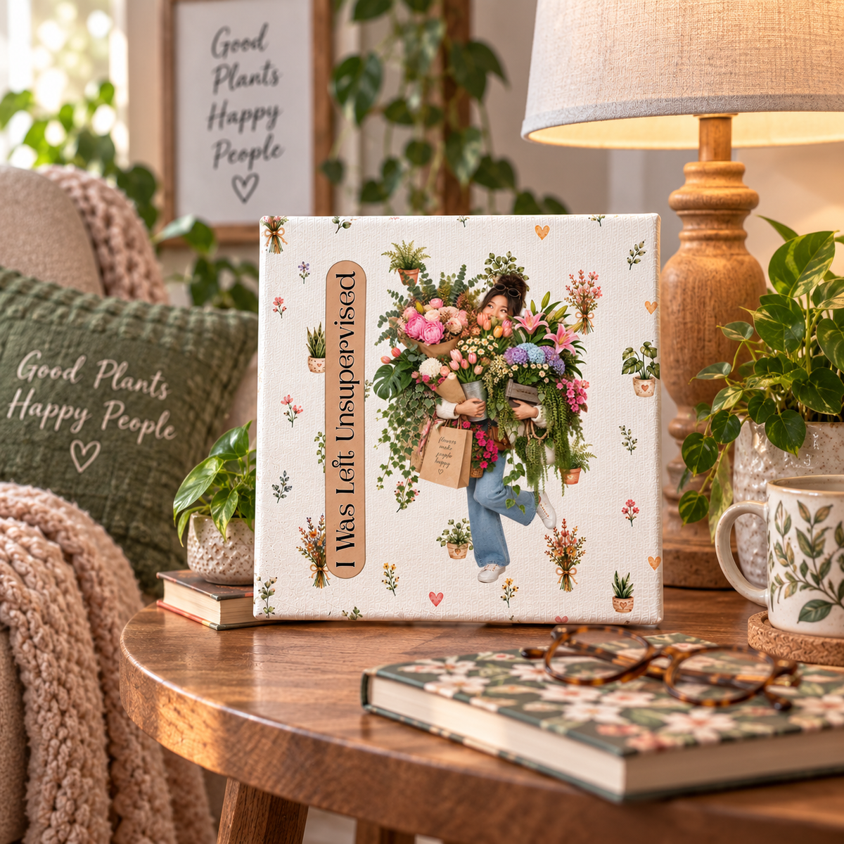 Funny Plant Lady Canvas, I Was Left Unsupervised Floral Wall Art, 6x6 Plant Lover Gift