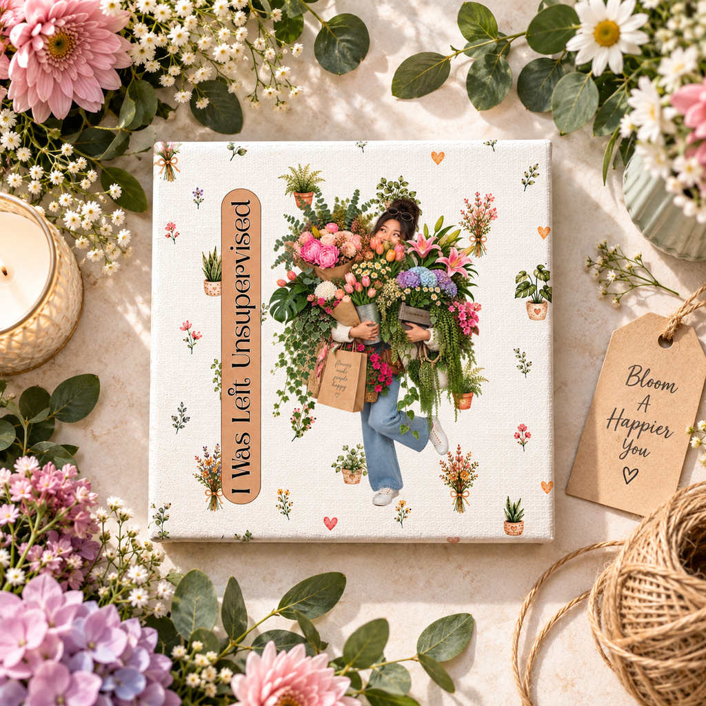 Funny Plant Lady Canvas, I Was Left Unsupervised Floral Wall Art, 6x6 Plant Lover Gift