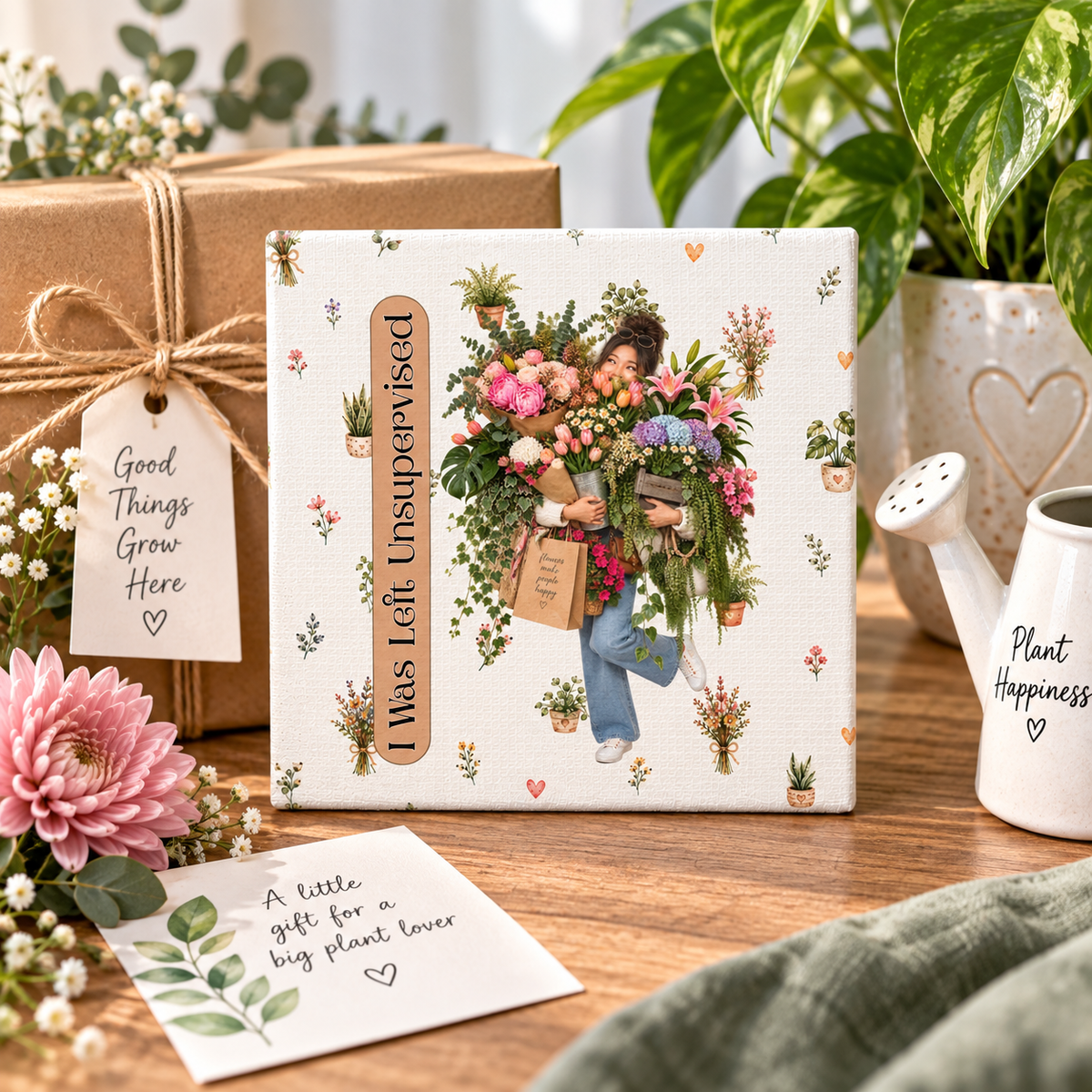 Funny Plant Lady Canvas, I Was Left Unsupervised Floral Wall Art, 6x6 Plant Lover Gift