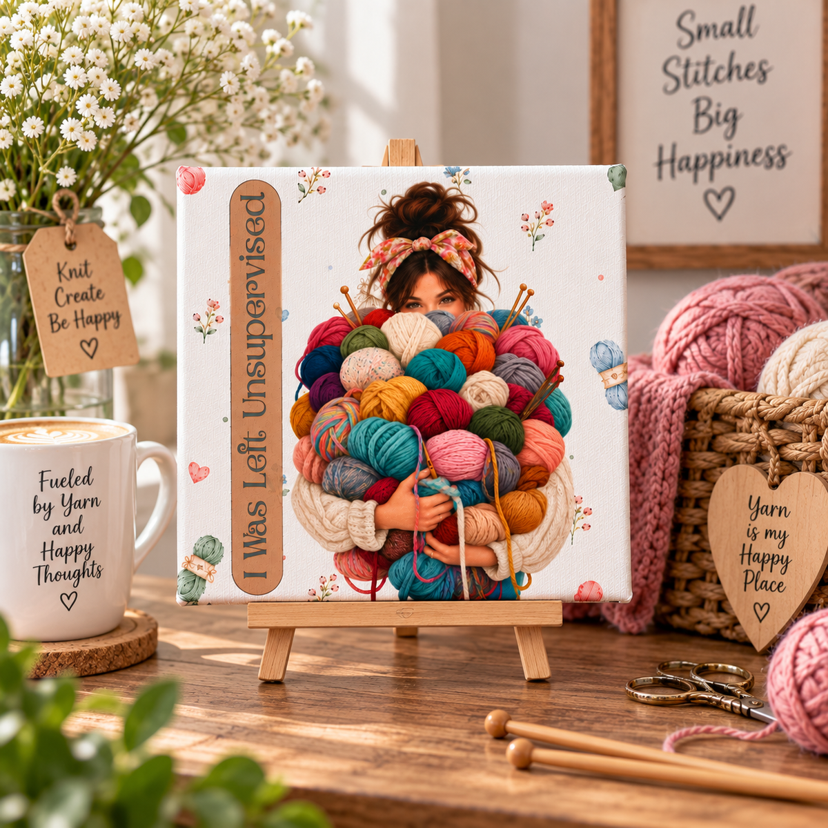 Funny Knitting Wall Art, I Was Left Unsupervised 6x6 Canvas, Yarn Lover Gift, Craft Room Decor
