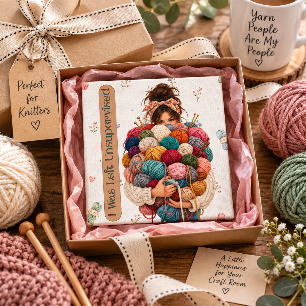 Funny Knitting Wall Art, I Was Left Unsupervised 6x6 Canvas, Yarn Lover Gift, Craft Room Decor