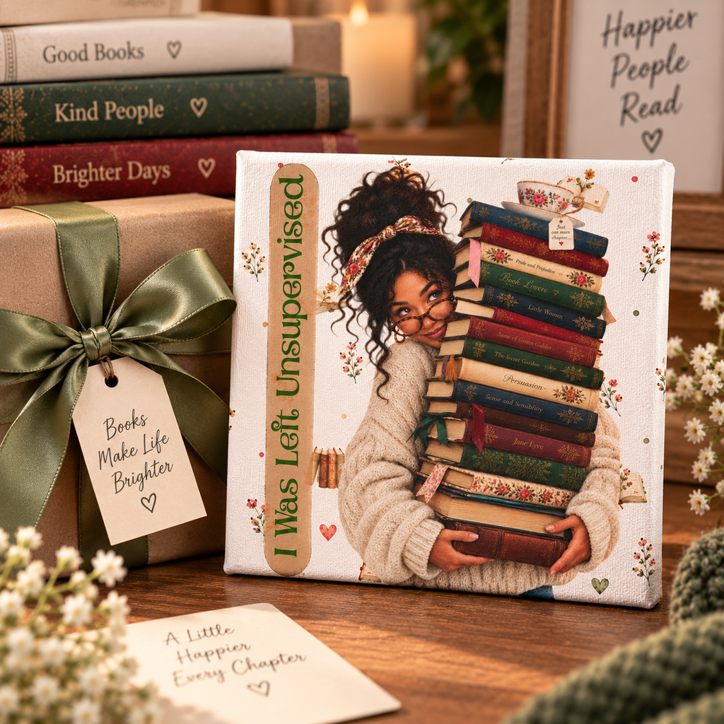 I Was Left Unsupervised Books Canvas, 6x6 Reading Wall Art, Bookish Gift for Reader