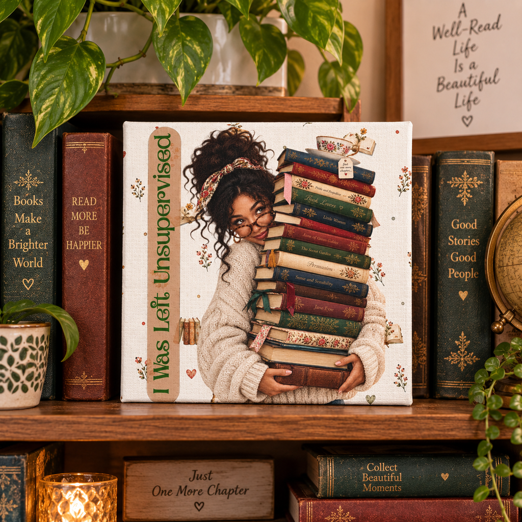 I Was Left Unsupervised Books Canvas, 6x6 Reading Wall Art, Bookish Gift for Reader