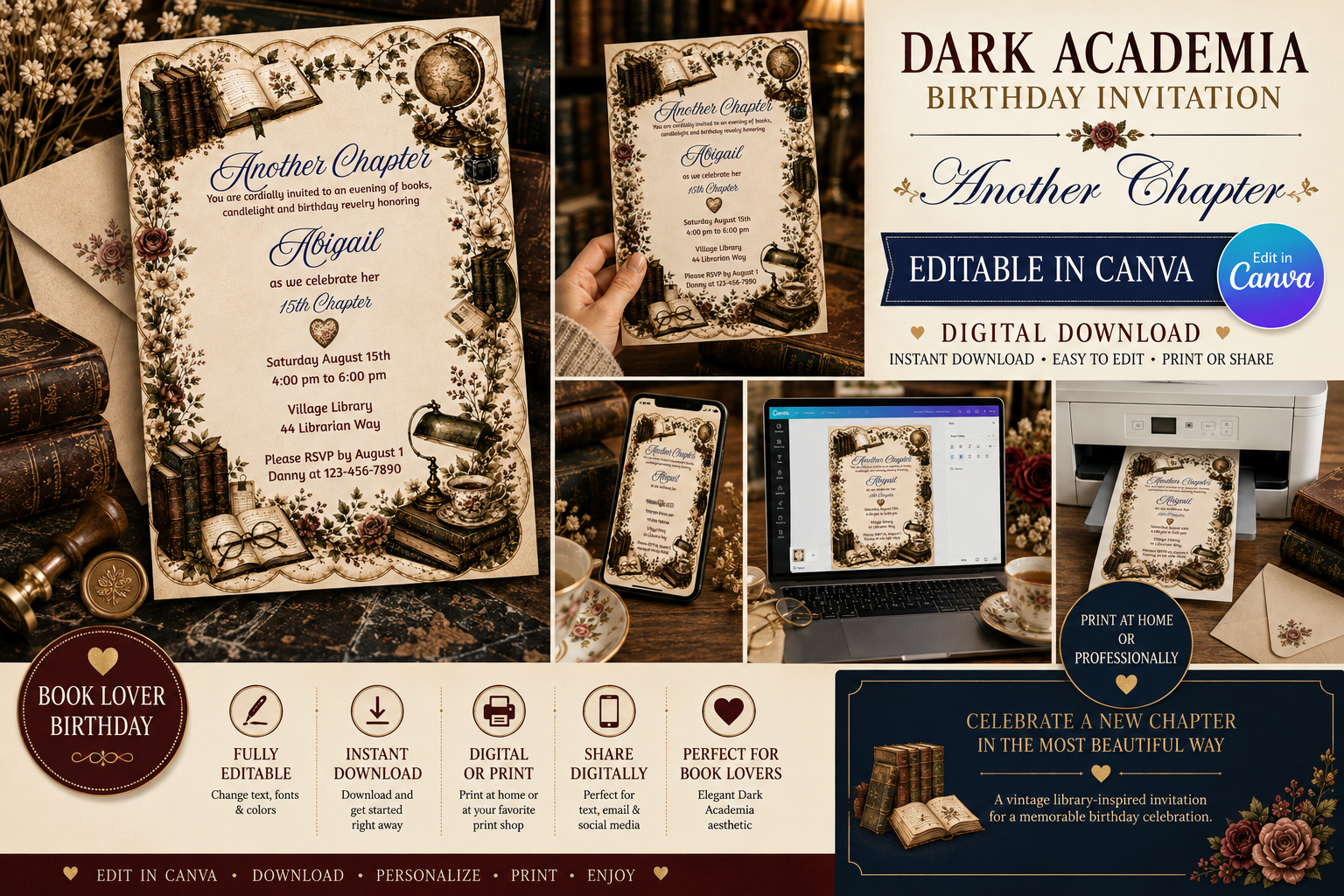 Dark Academia Birthday Invitation