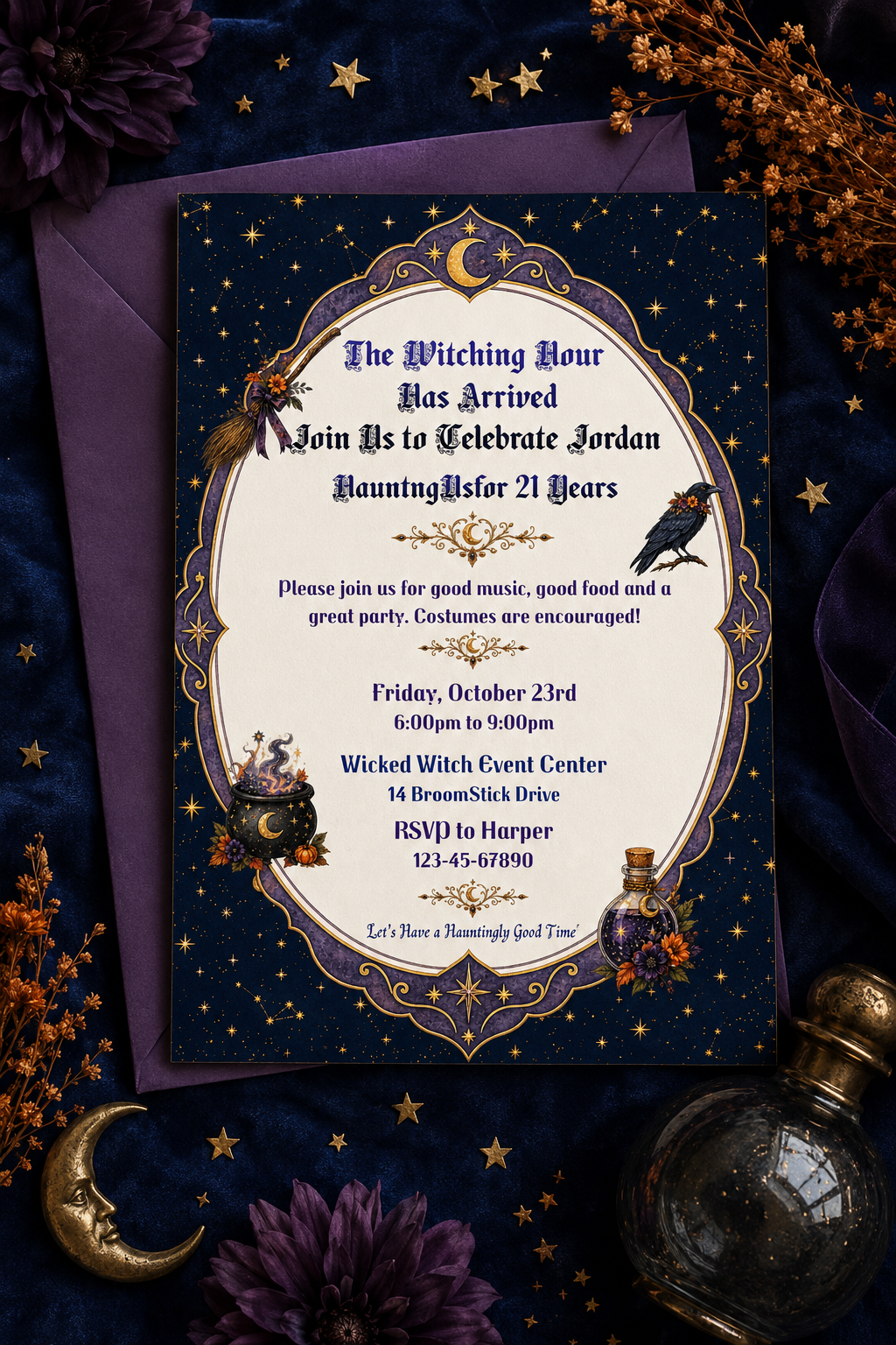 Witchy 21st Birthday Invitation - Editable in Canva