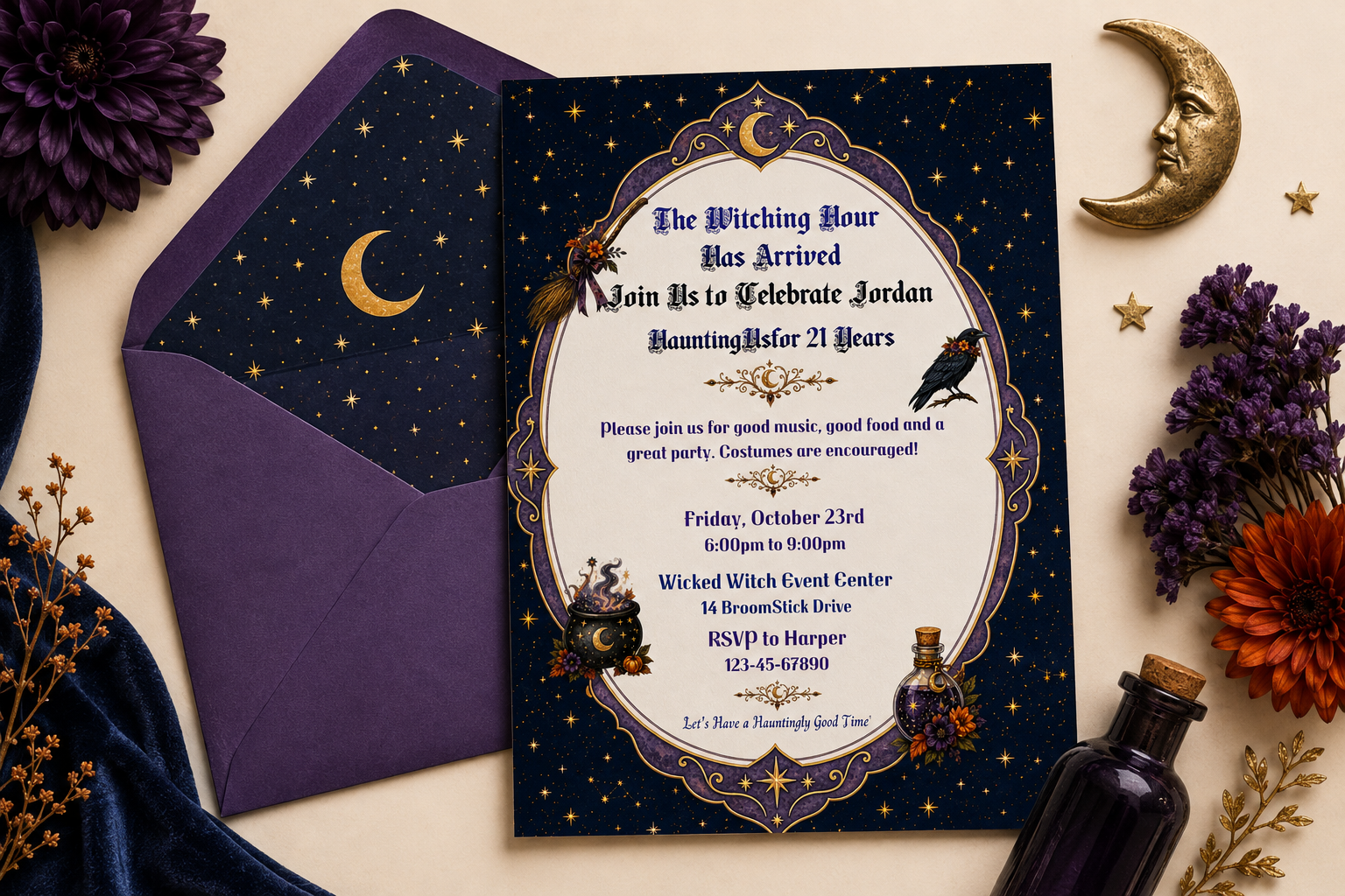 Witchy 21st Birthday Invitation - Editable in Canva
