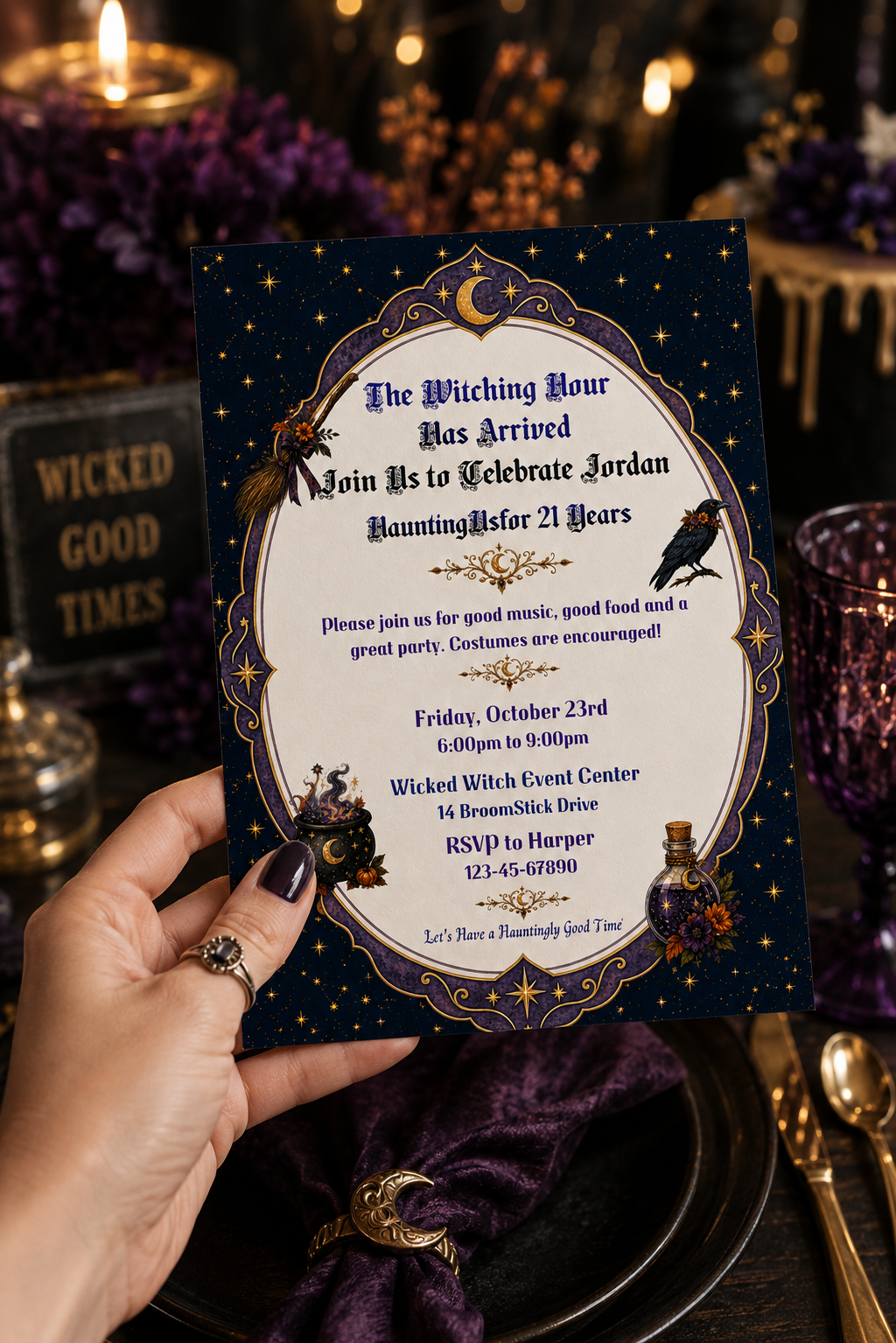 Witchy 21st Birthday Invitation - Editable in Canva