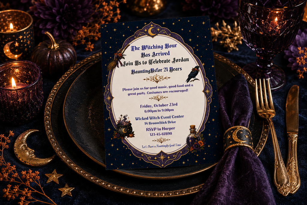 Witchy 21st Birthday Invitation - Editable in Canva