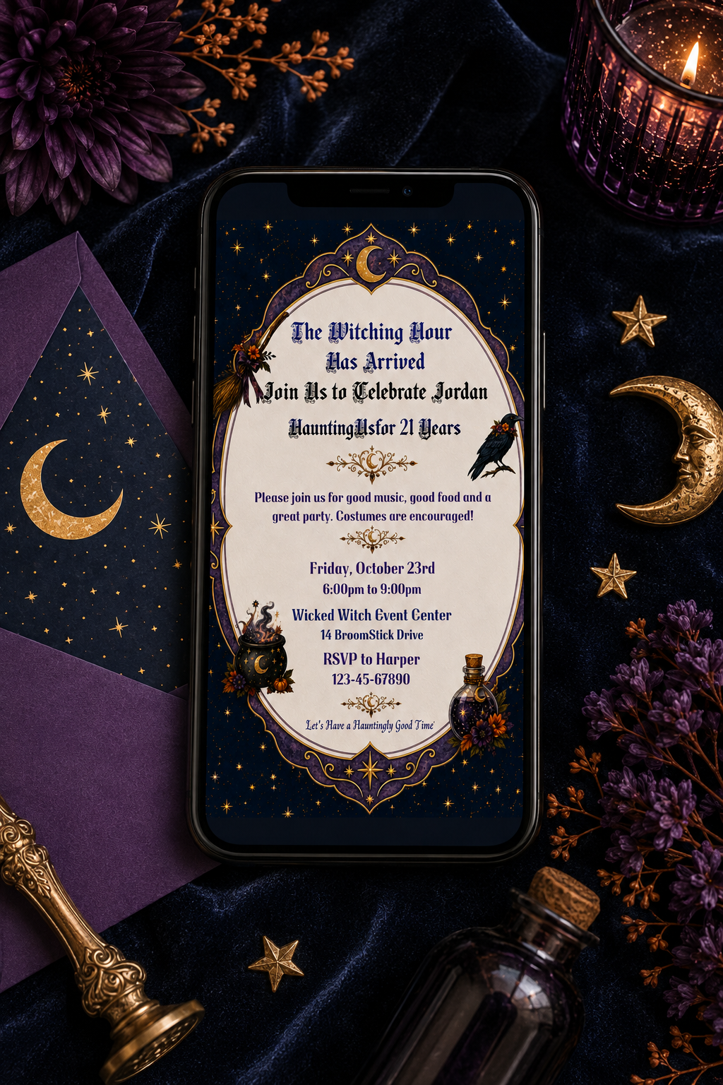 Witchy 21st Birthday Invitation - Editable in Canva