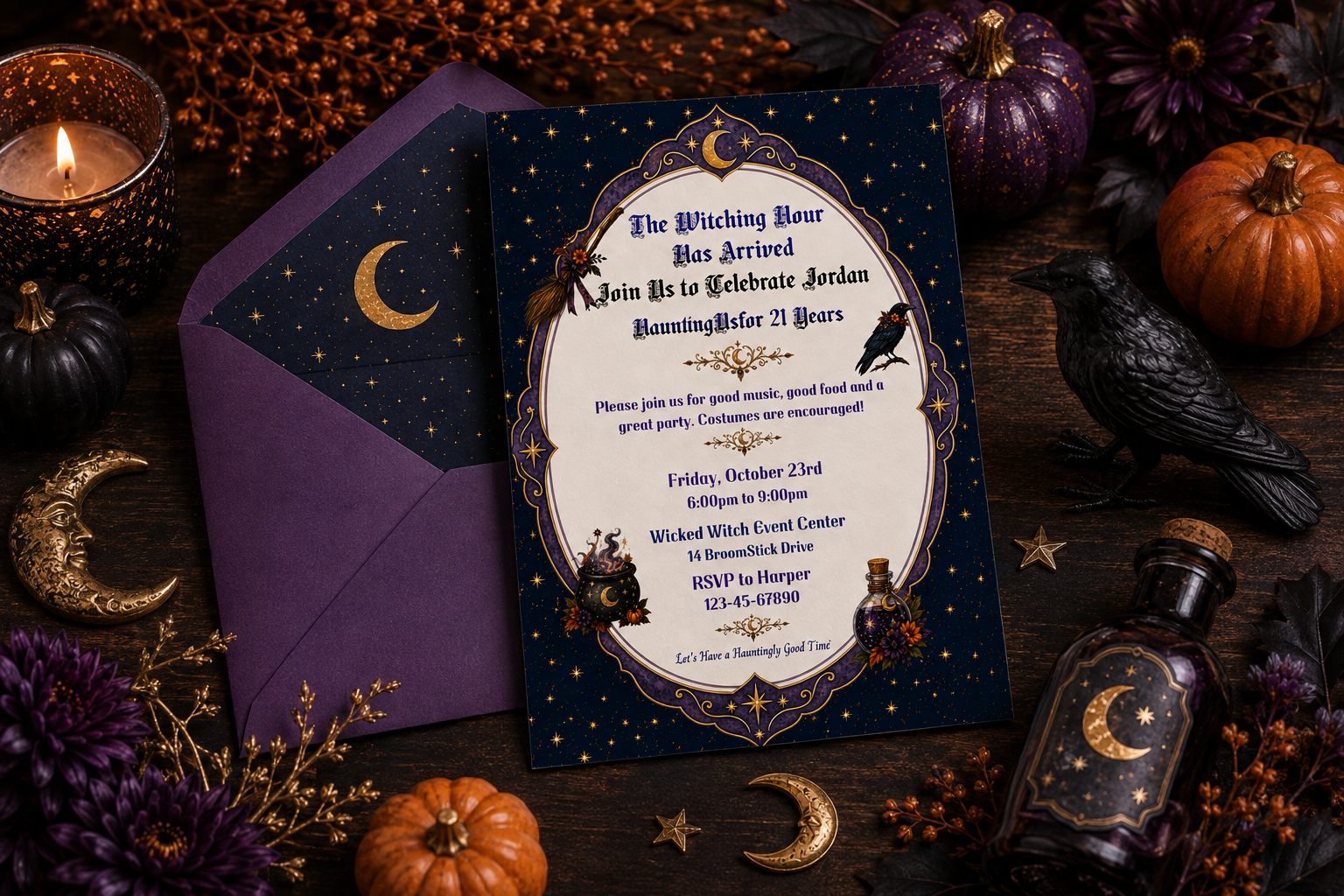 Witchy 21st Birthday Invitation - Editable in Canva