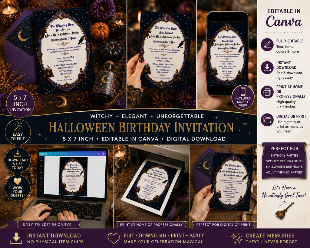 Witchy 21st Birthday Invitation - Editable in Canva