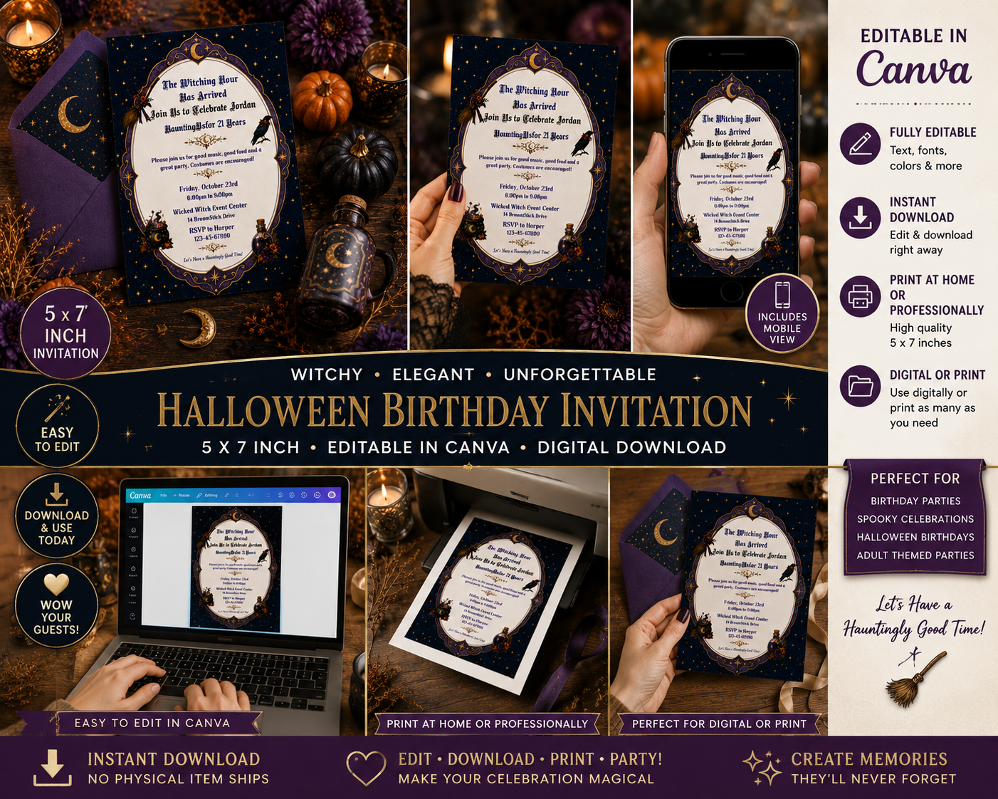 Witchy 21st Birthday Invitation - Editable in Canva