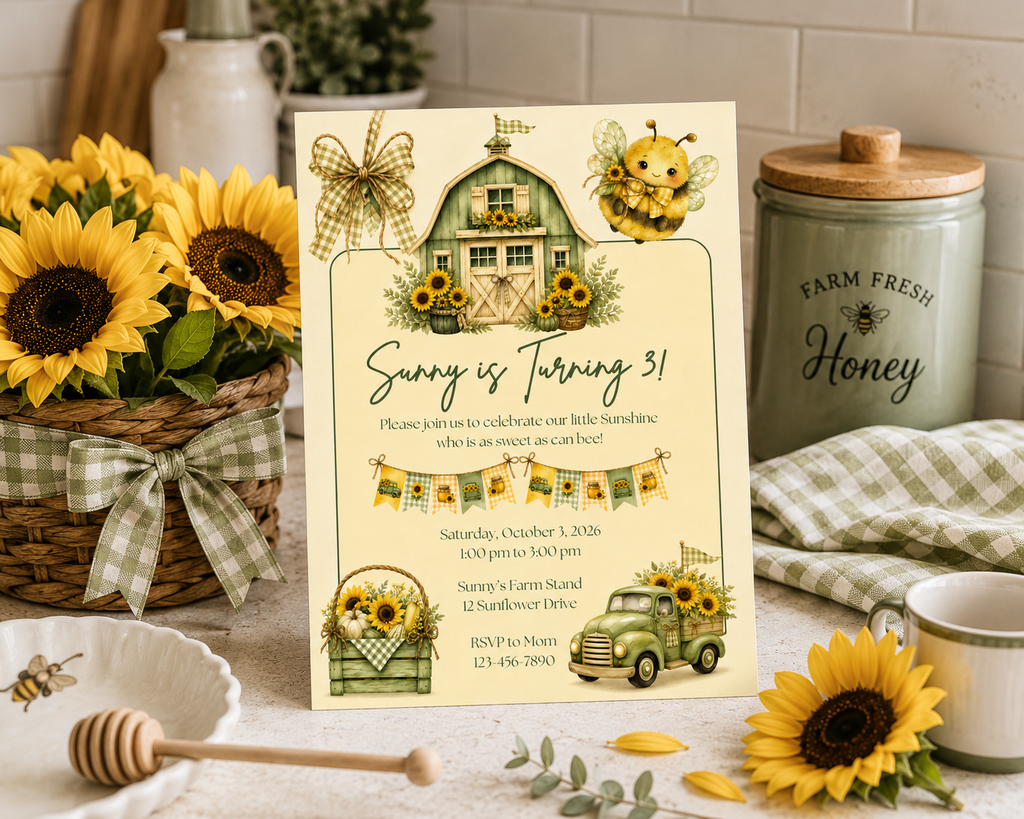 Sunflower & Bee Birthday Invitation - Editable in Canva