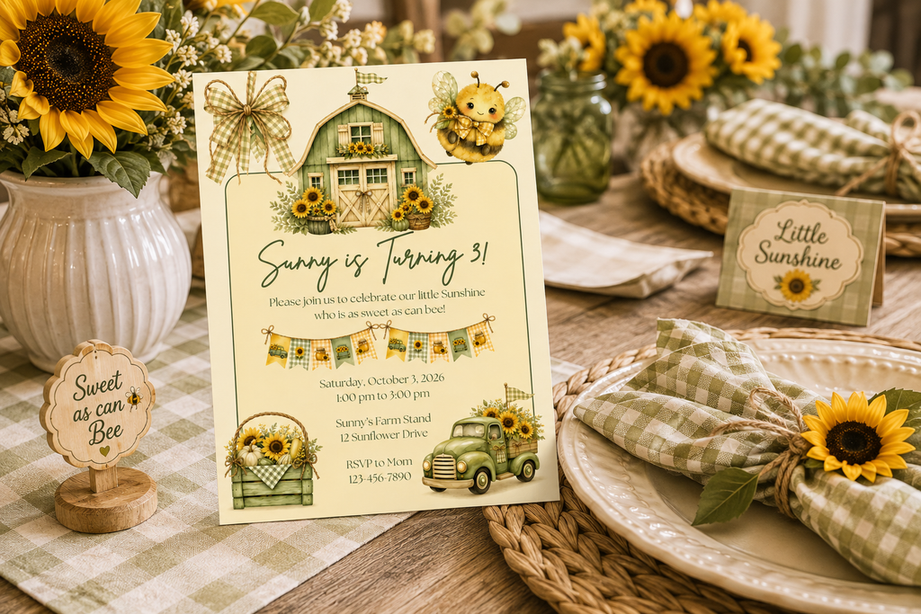 Sunflower & Bee Birthday Invitation - Editable in Canva