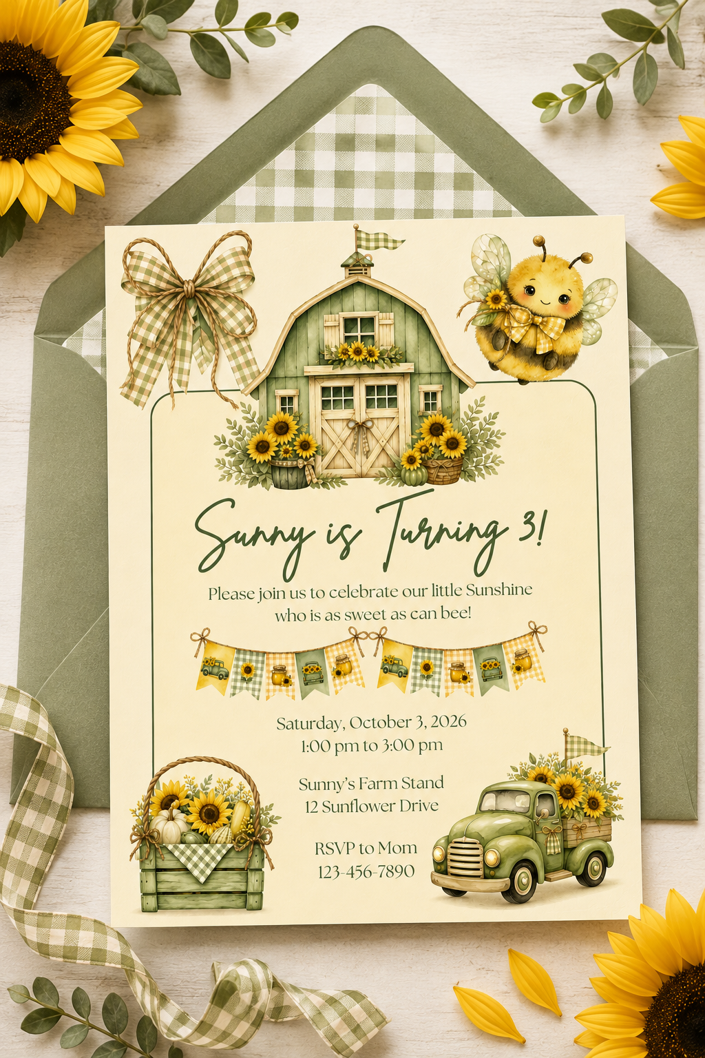 Sunflower & Bee Birthday Invitation - Editable in Canva