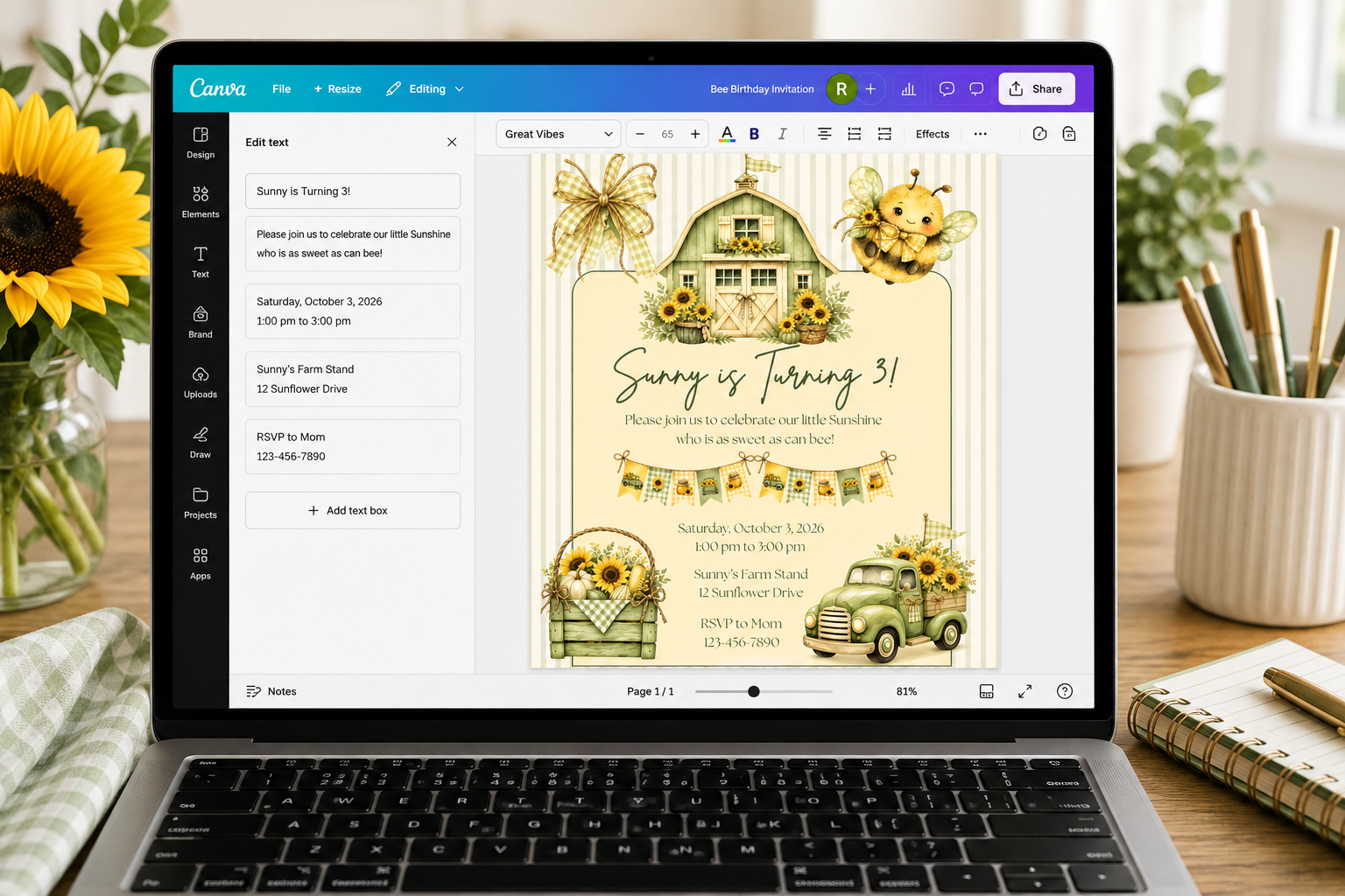 Sunflower & Bee Birthday Invitation - Editable in Canva