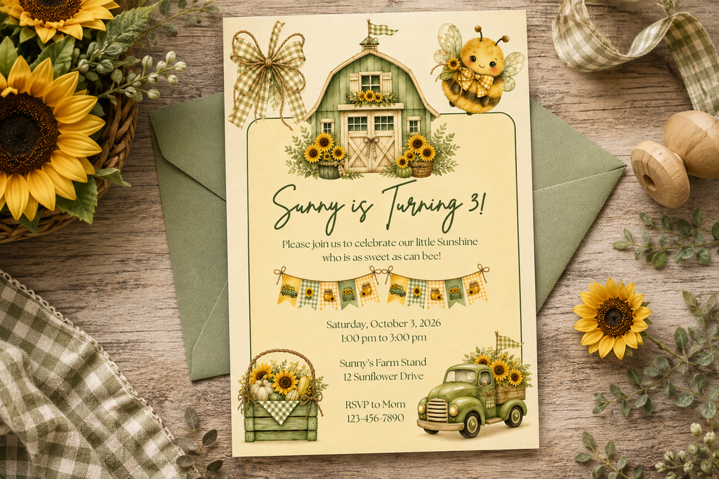 Sunflower & Bee Birthday Invitation - Editable in Canva