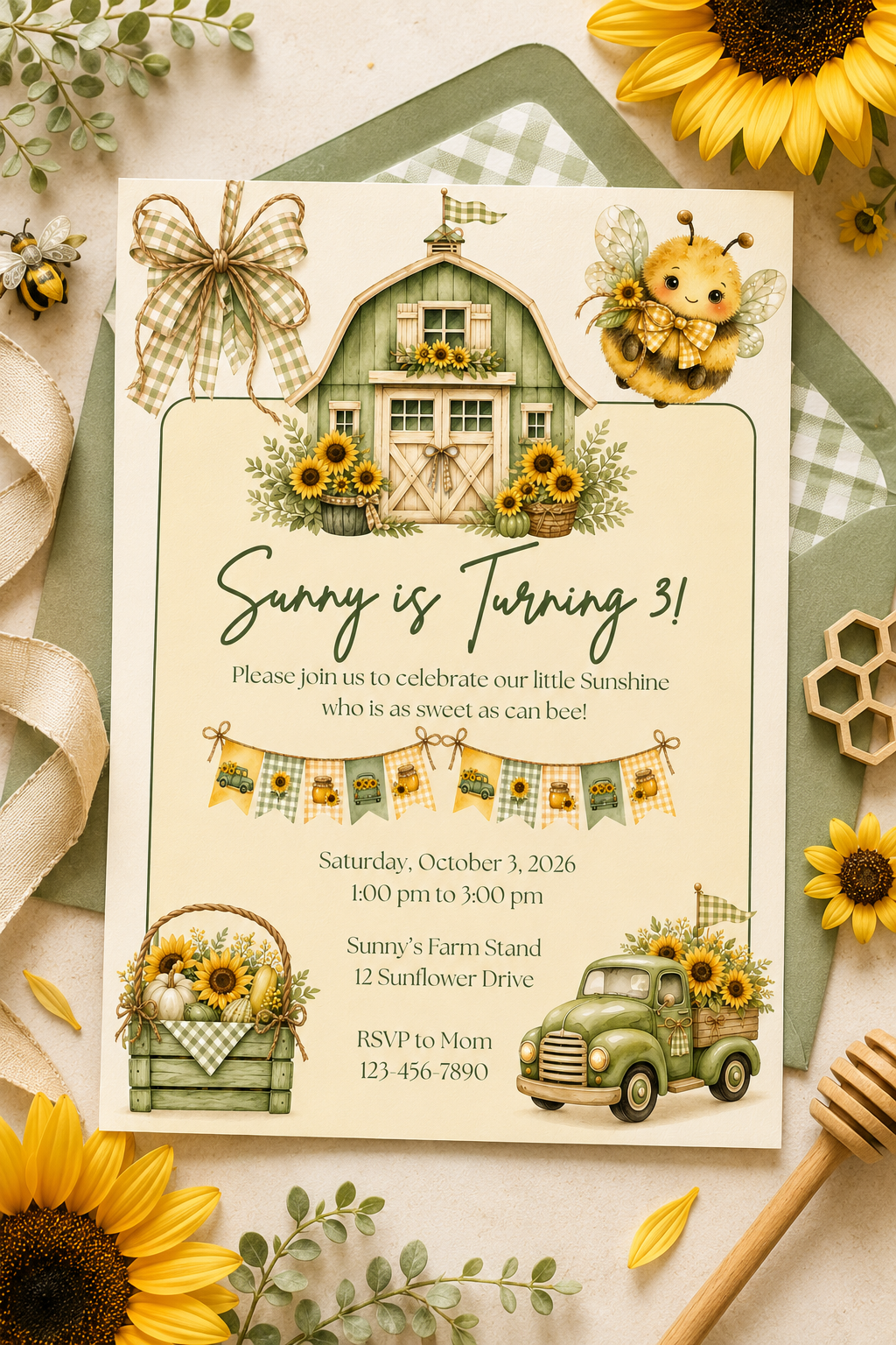 Sunflower & Bee Birthday Invitation - Editable in Canva