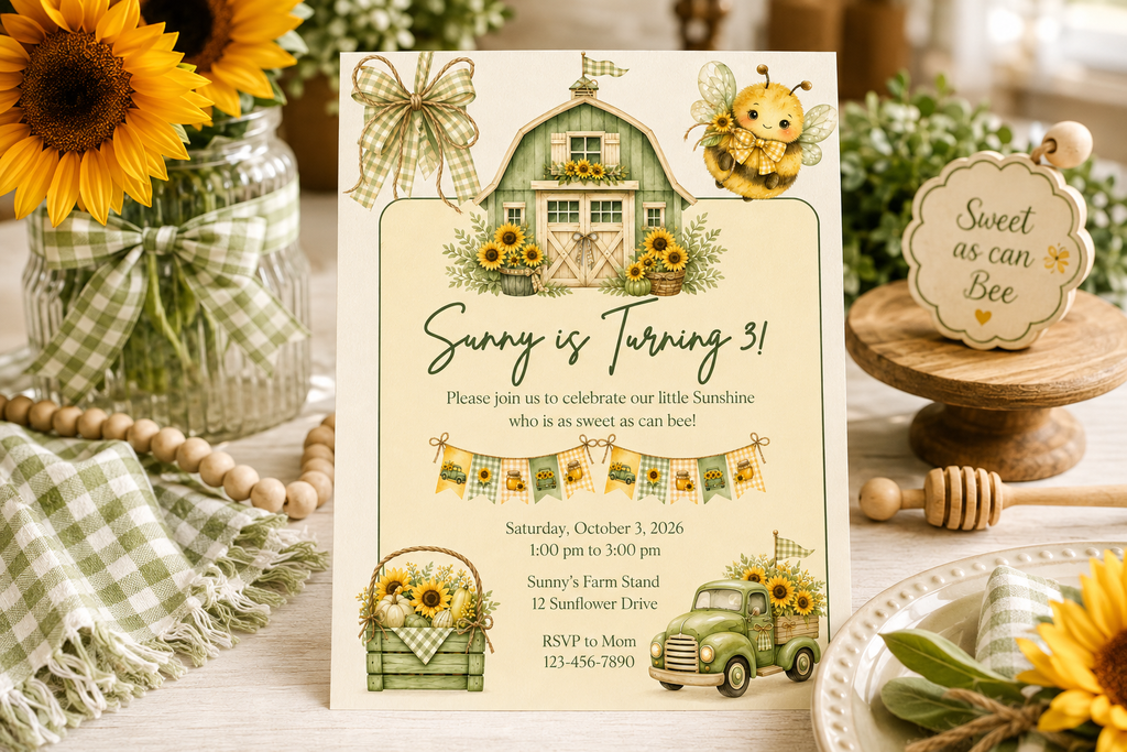 Sunflower & Bee Birthday Invitation - Editable in Canva