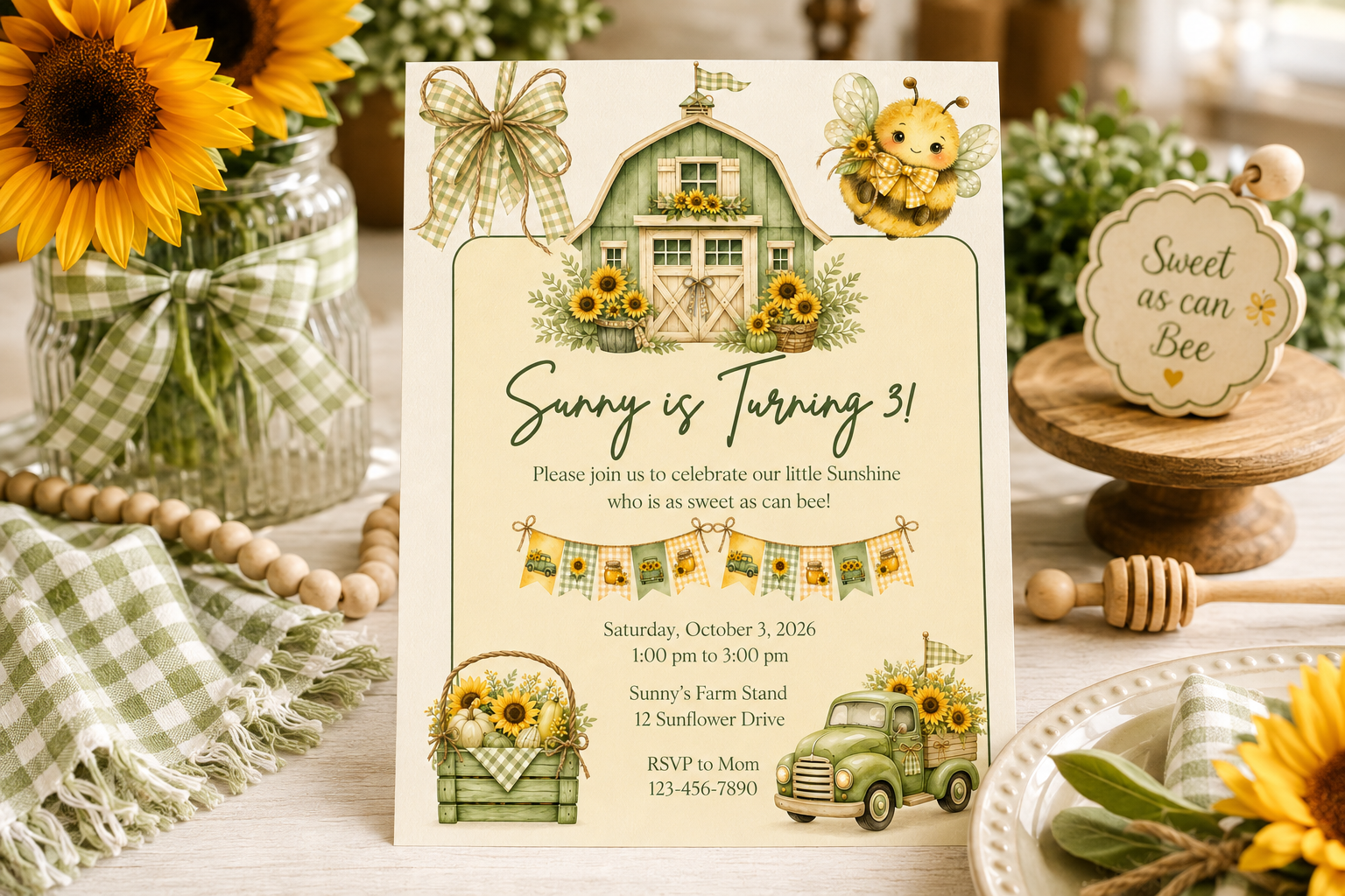 Sunflower & Bee Birthday Invitation - Editable in Canva