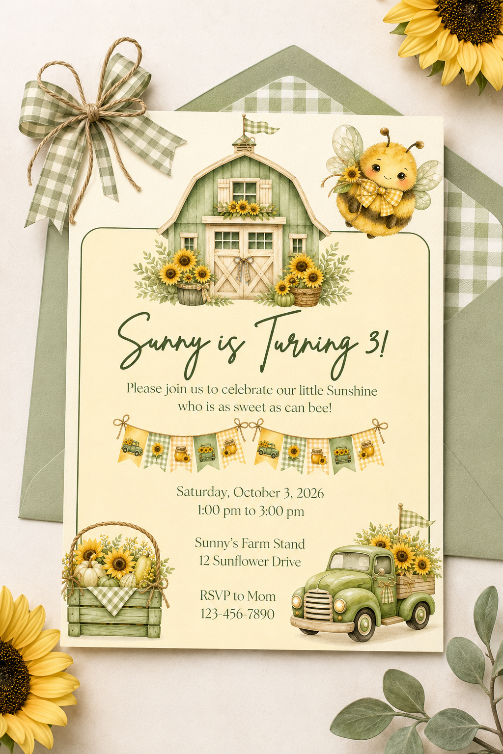 Sunflower & Bee Birthday Invitation - Editable in Canva